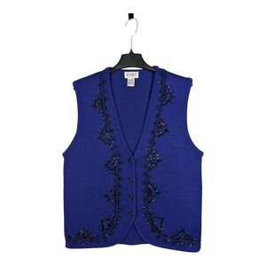 Koret Women's Medium Purple Beaded Knit Sleeveless‎ Cardigan Sweater Vest Wool